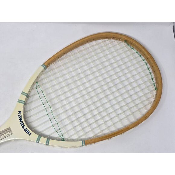 VINTAGE KAWASAKI SS-1100 TENNIS RACKET RACQUET CREAM BLUE WOODEN STANDARD 28" - Picture 4 of 9